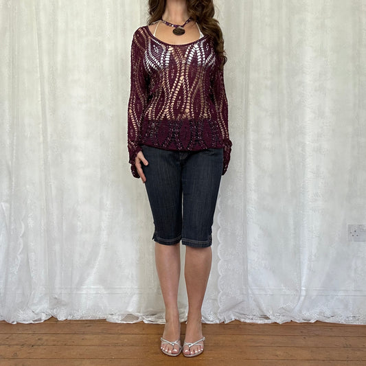 vintage 00s burgundy beaded crochet long sleeve top