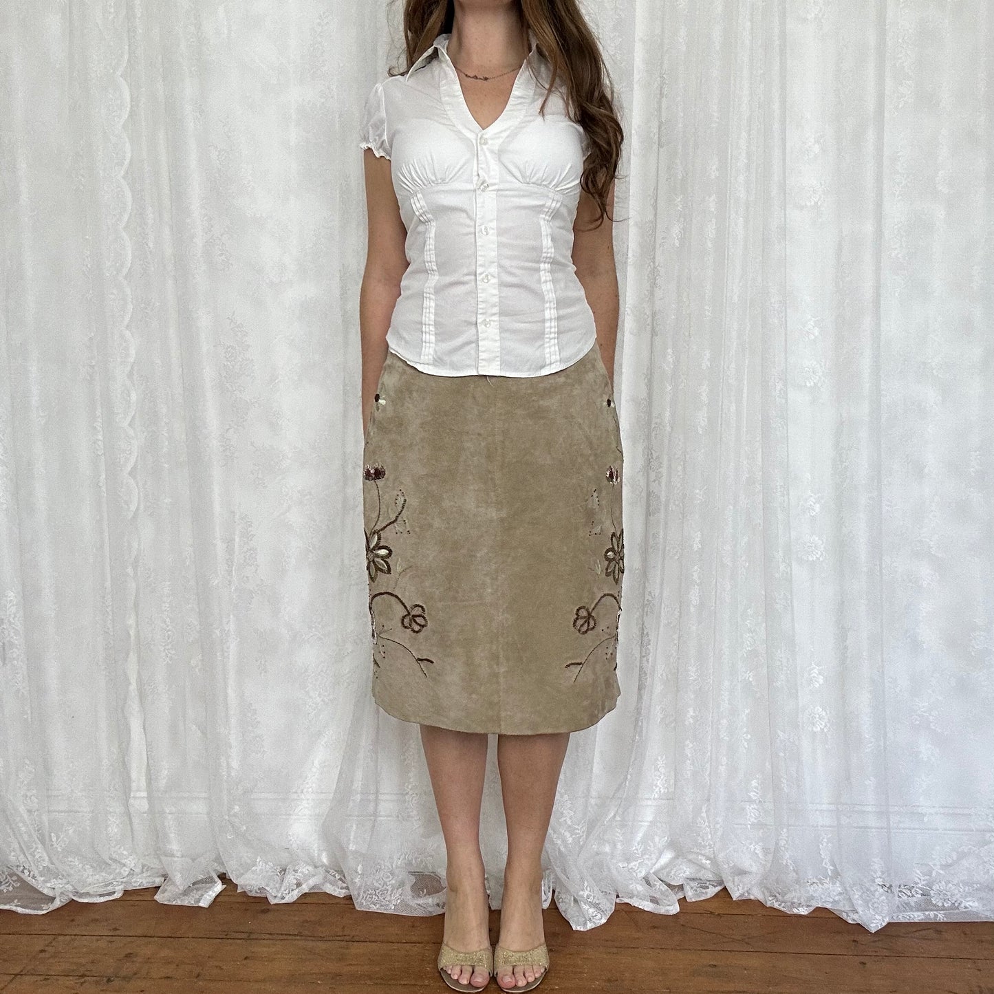 vintage 00s leather sequin embroidered midi skirt