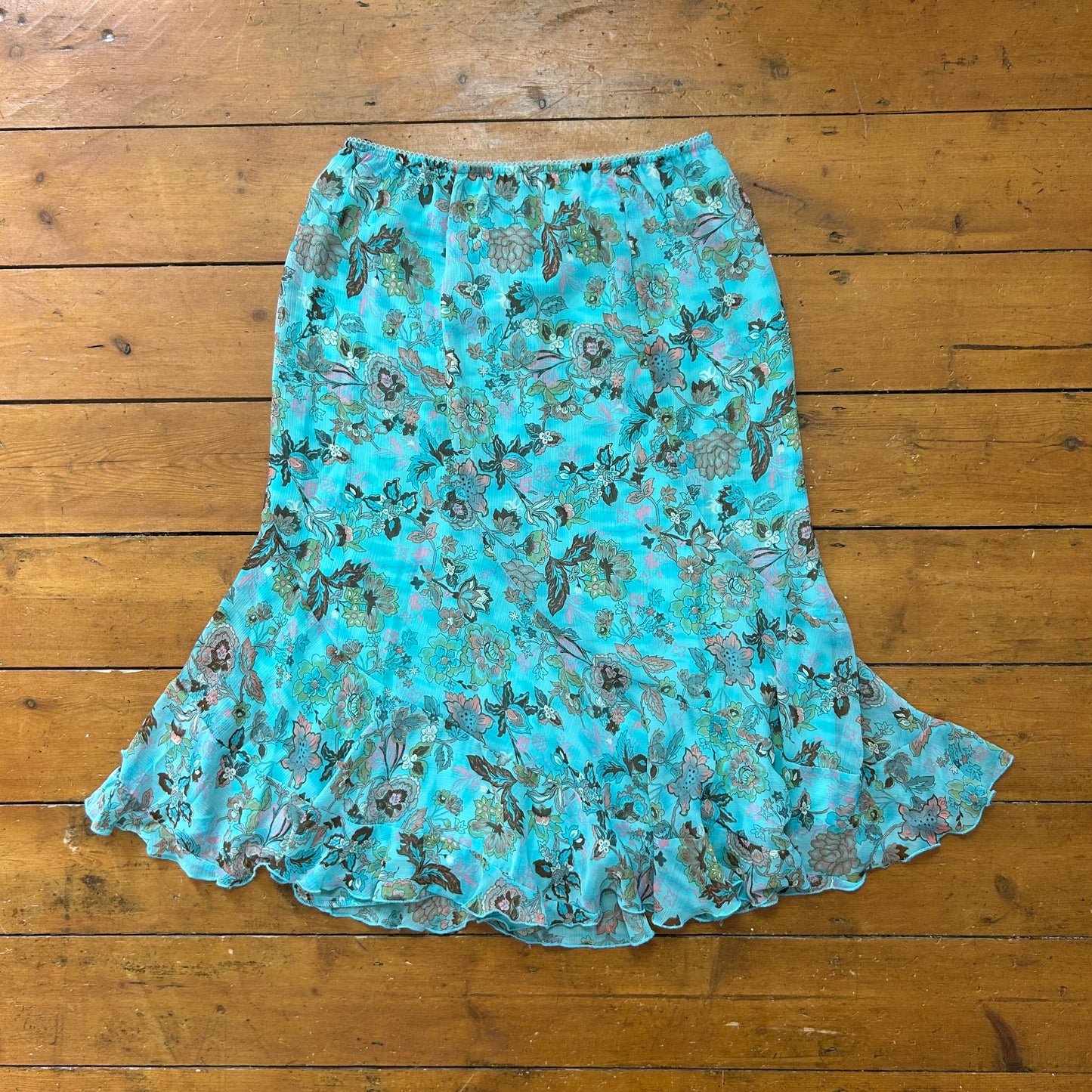 vintage 00s aqua blue floral midi skirt