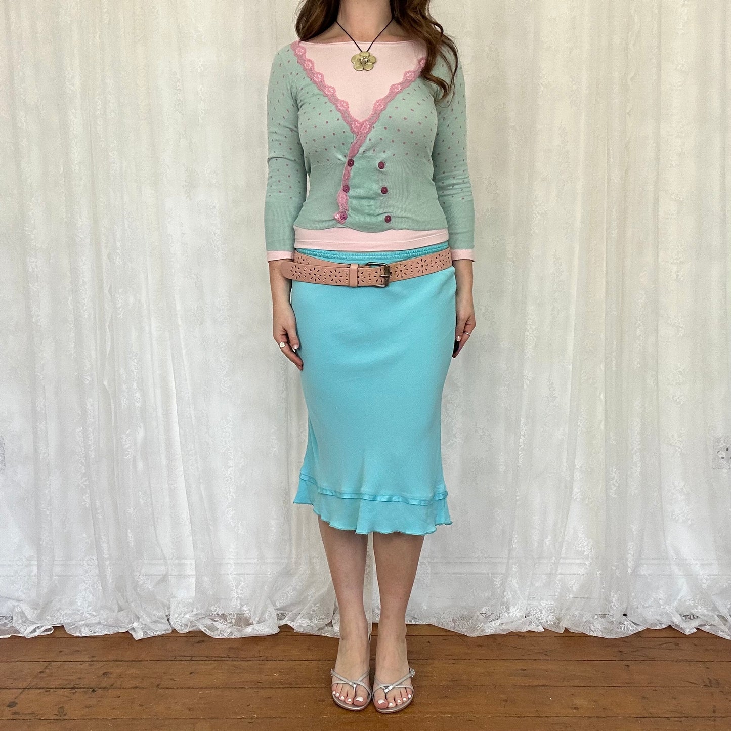 vintage 00s mint green and pink polka dot cardigan