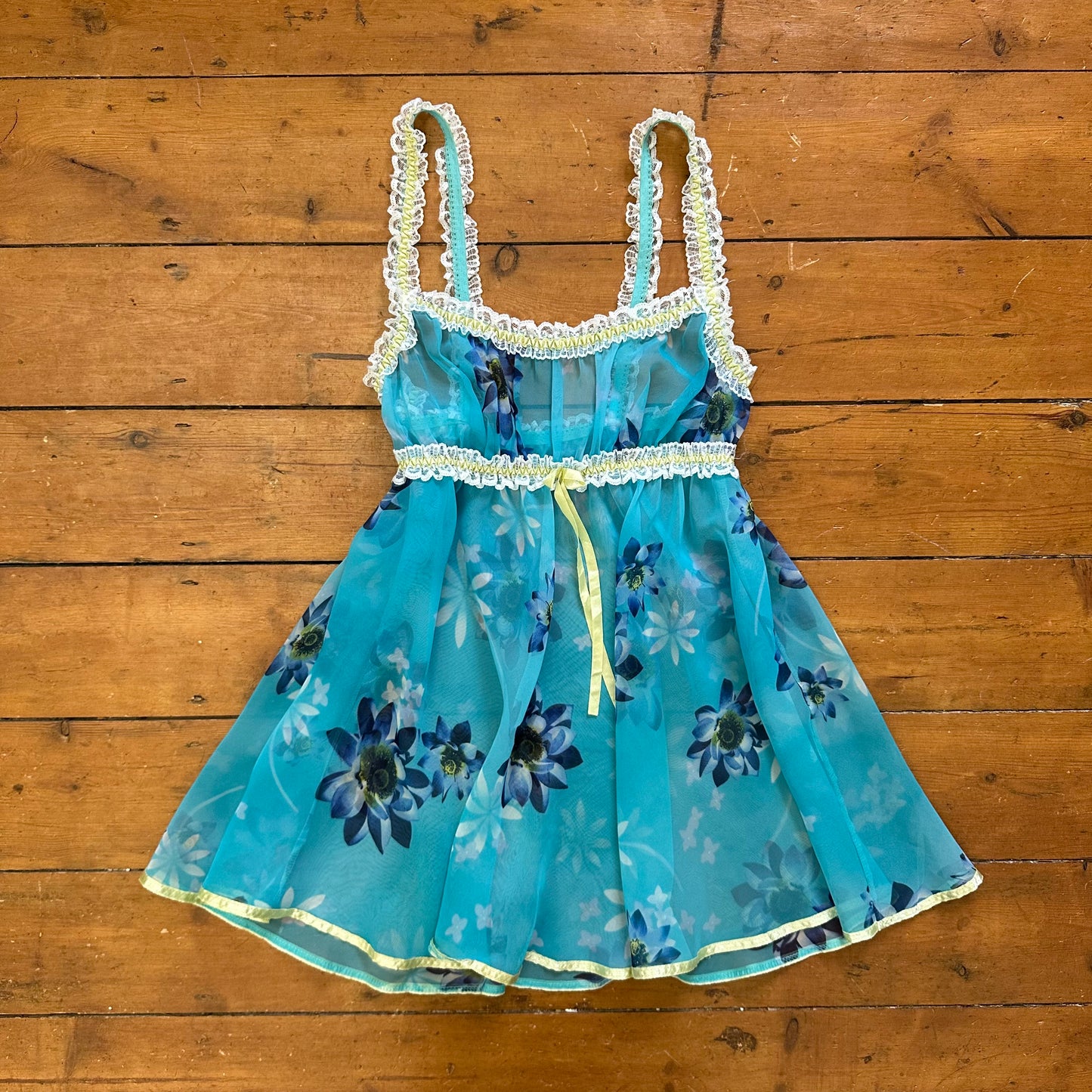 vintage 00s blue floral mesh babydoll mini dress
