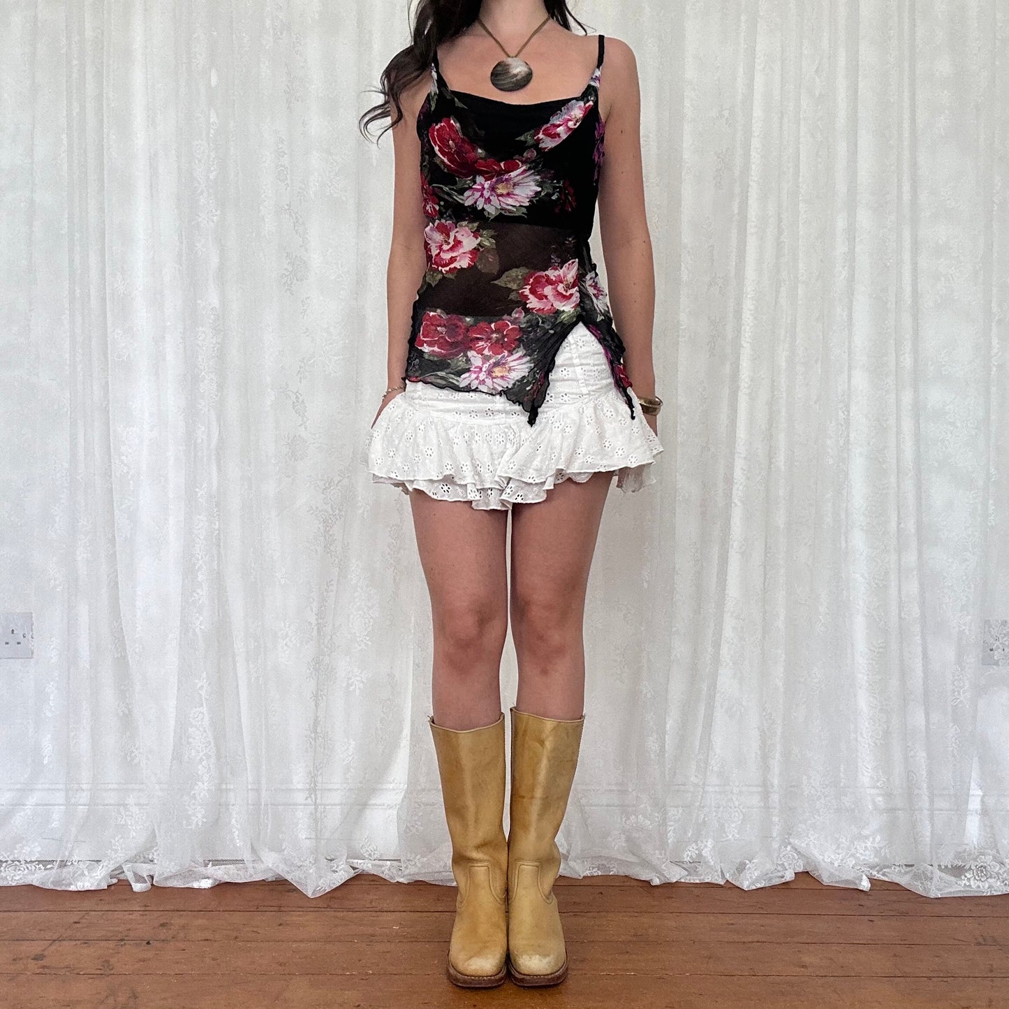 vintage 00s black and red floral cowl neck cami