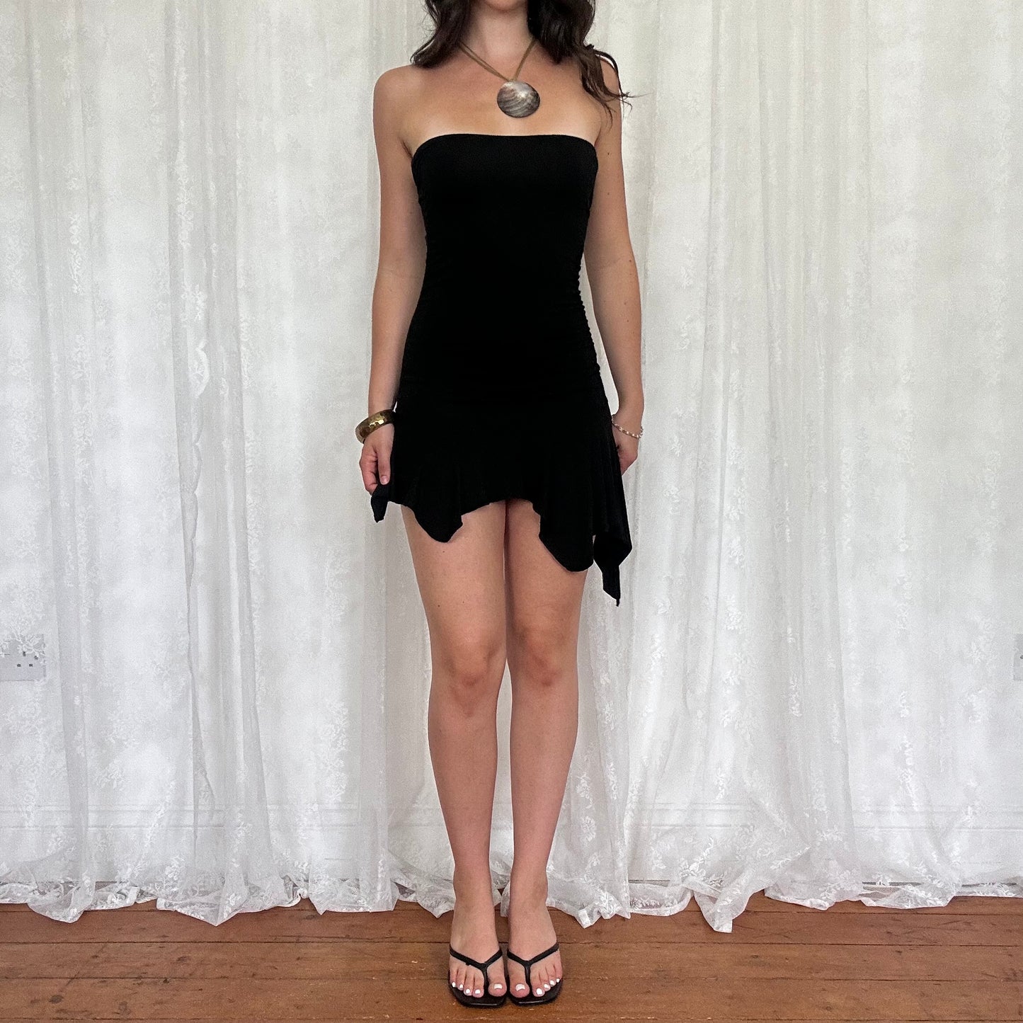 vintage 00s black strapless hanky hem mini dress