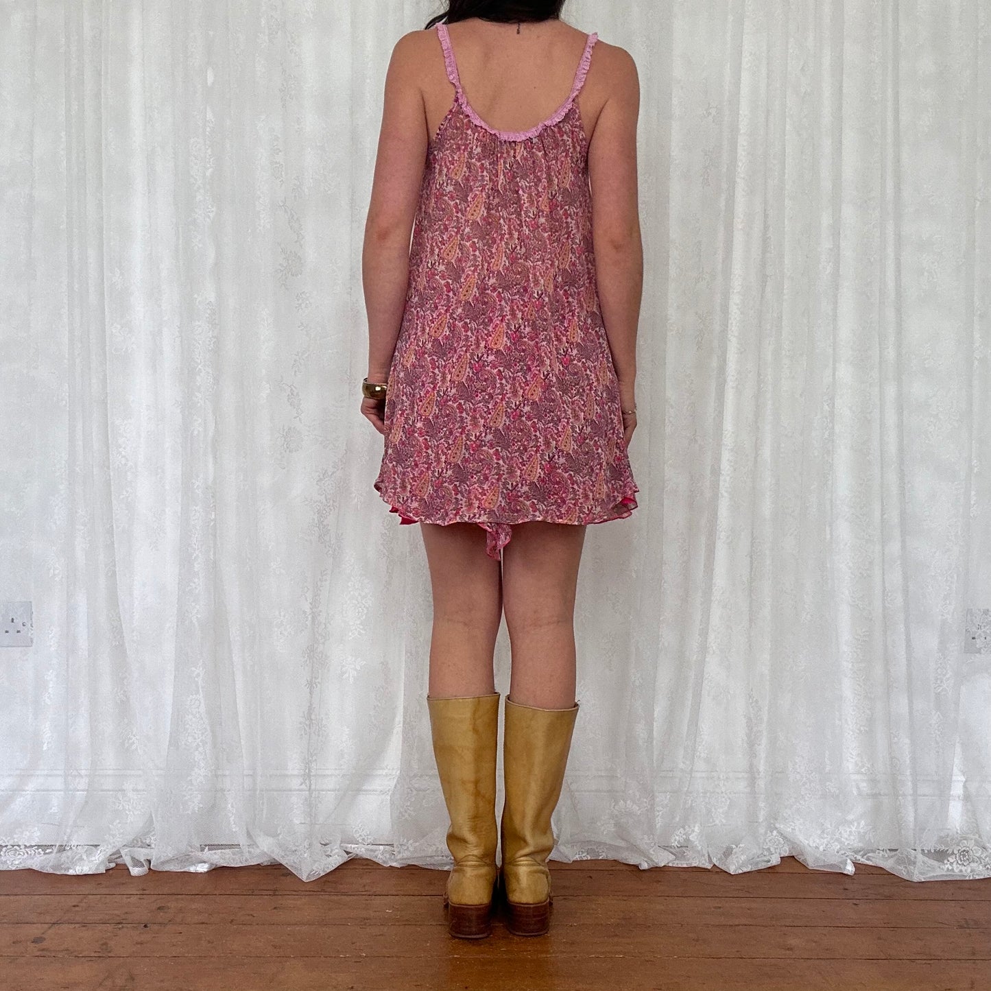vintage 00s pink paisley floaty mesh cami and mini skirt set
