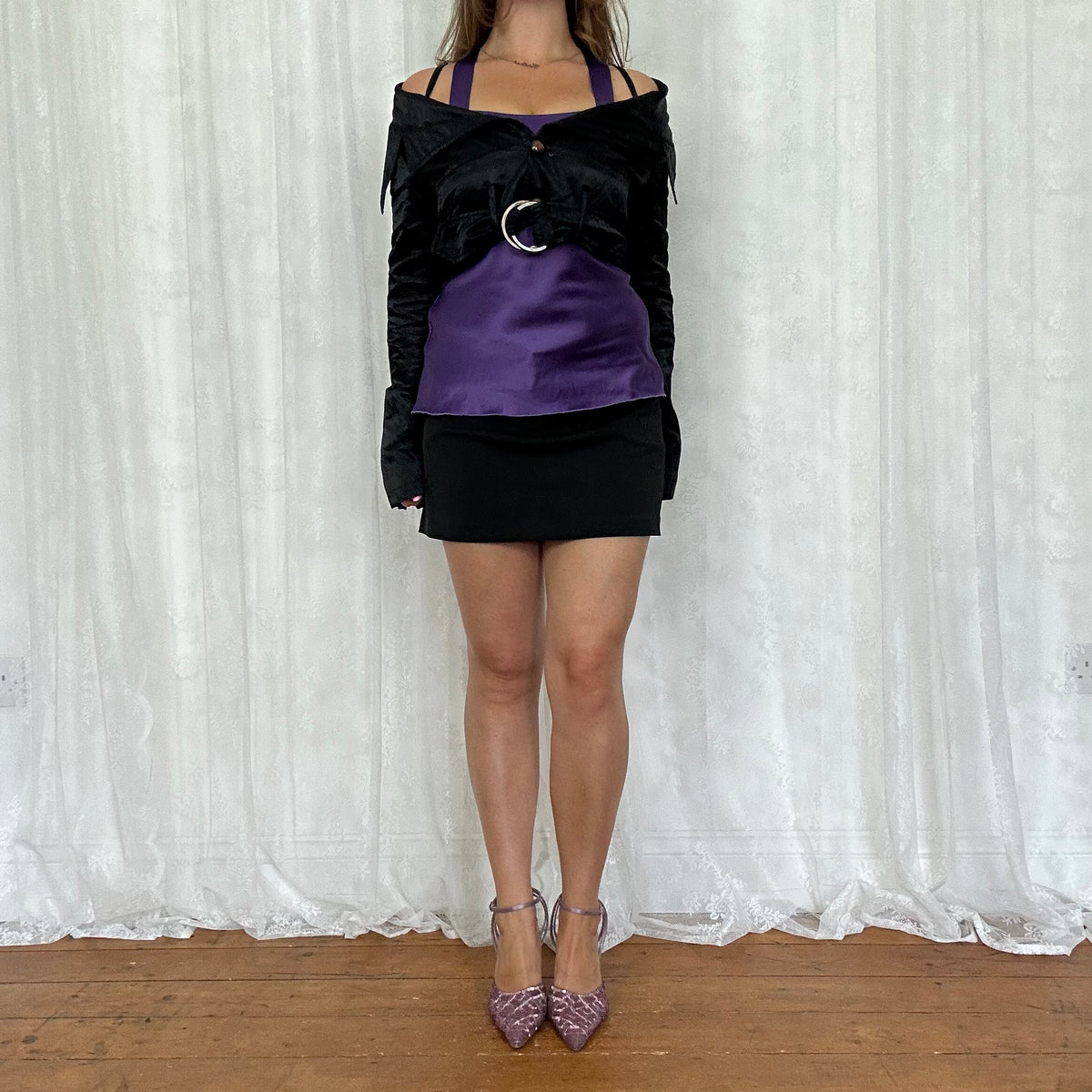 vintage 00s black cropped off shoulder jacket