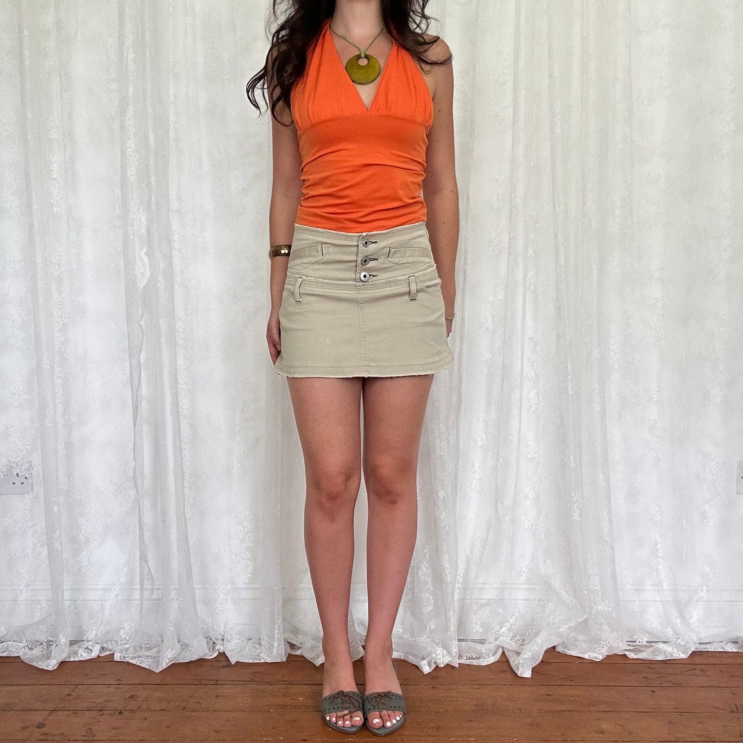 vintage 00s beige button down a line mini skirt