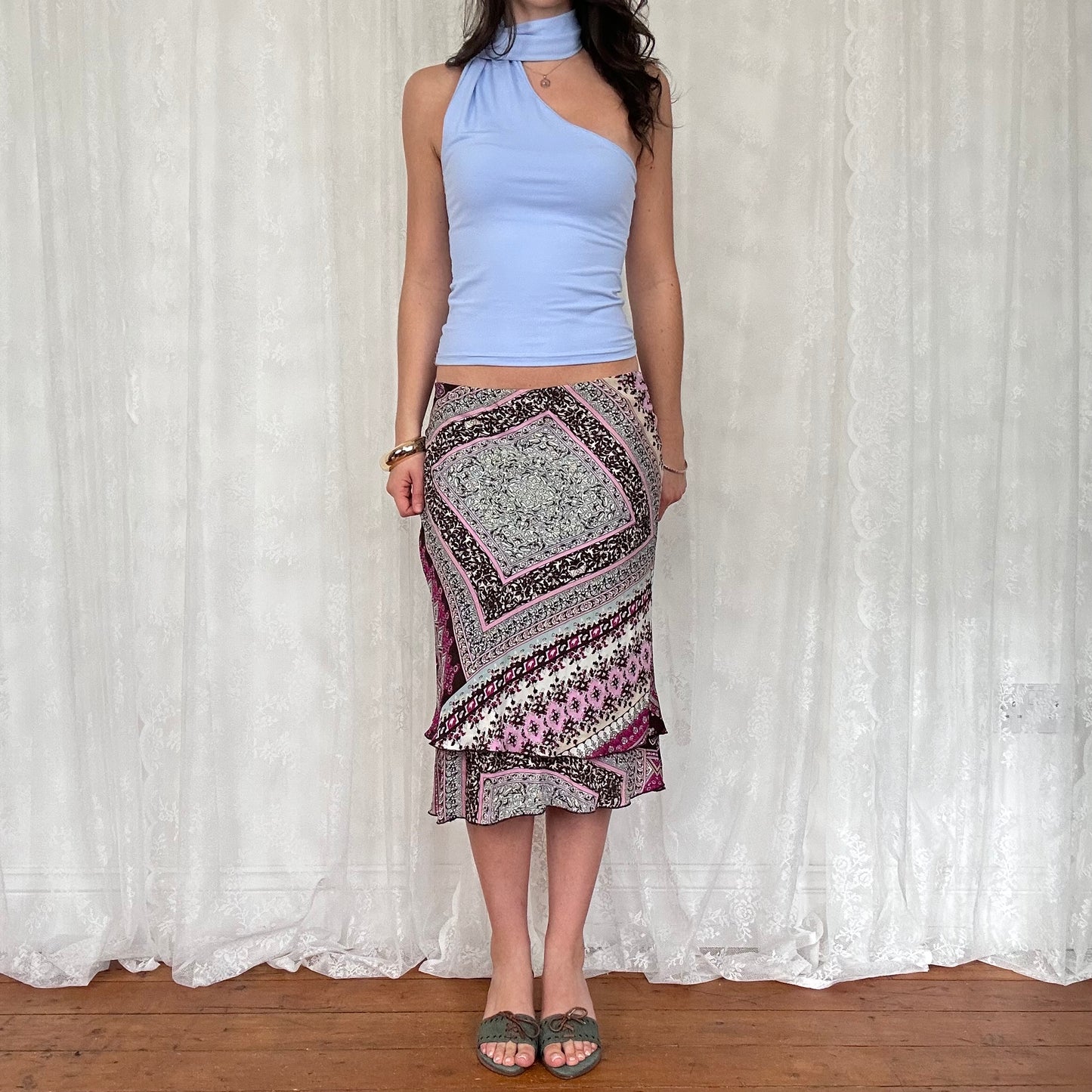 vintage 00s powder blue one shoulder scarf top