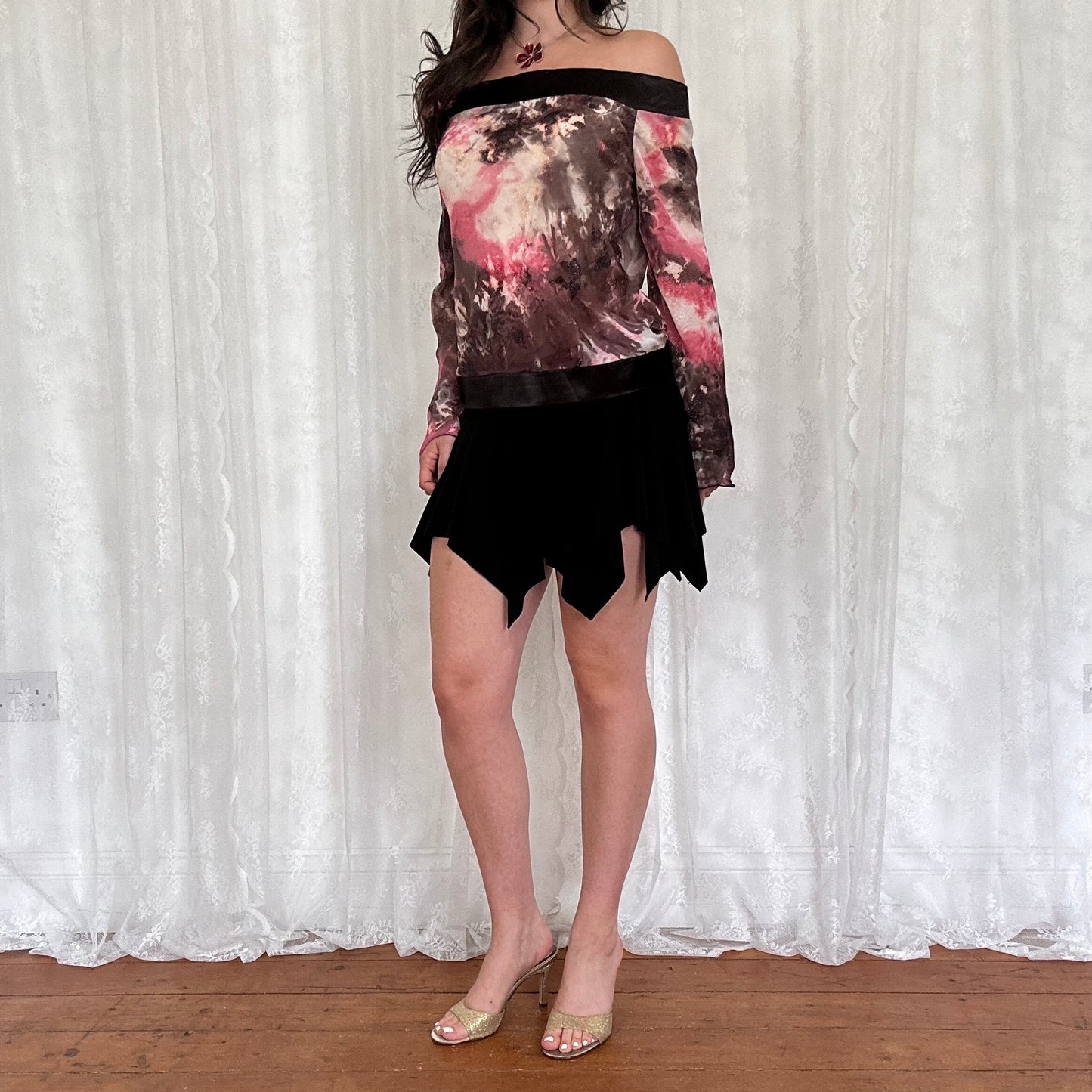 vintage 00s patterned flared sleeve off shoulder top