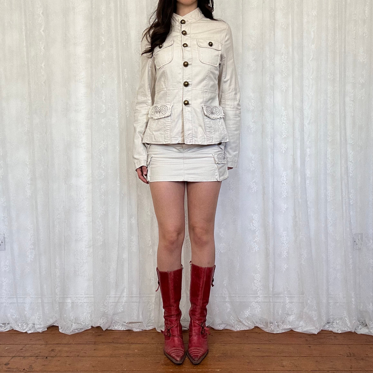 vintage 00s morgan de toi military jacket and mini skirt co ord