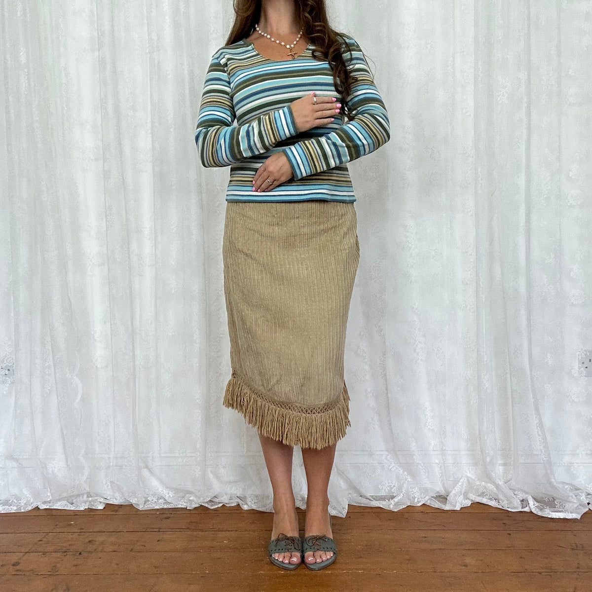 vintage 00s brown and blue striped long sleeve top