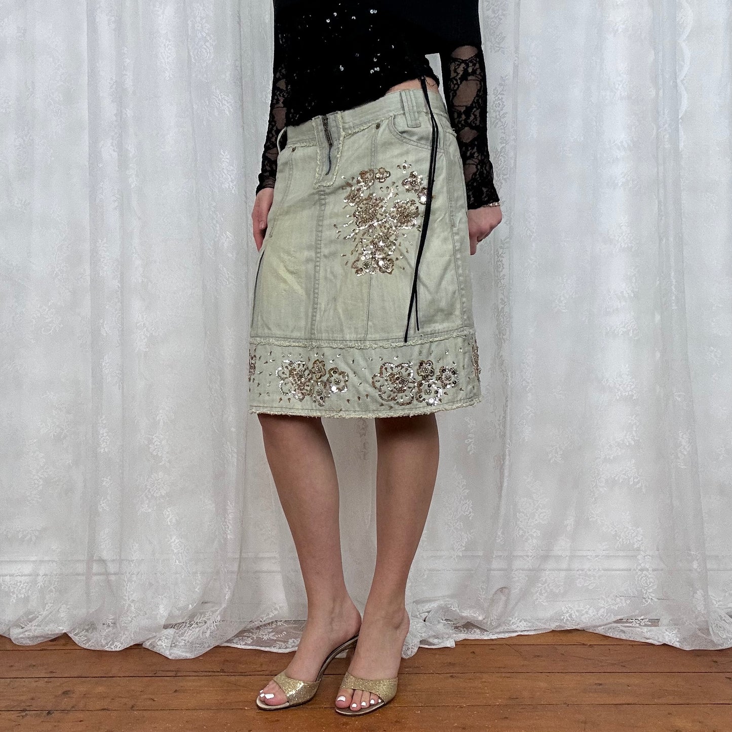 vintage 00s light wash sequin midi skirt