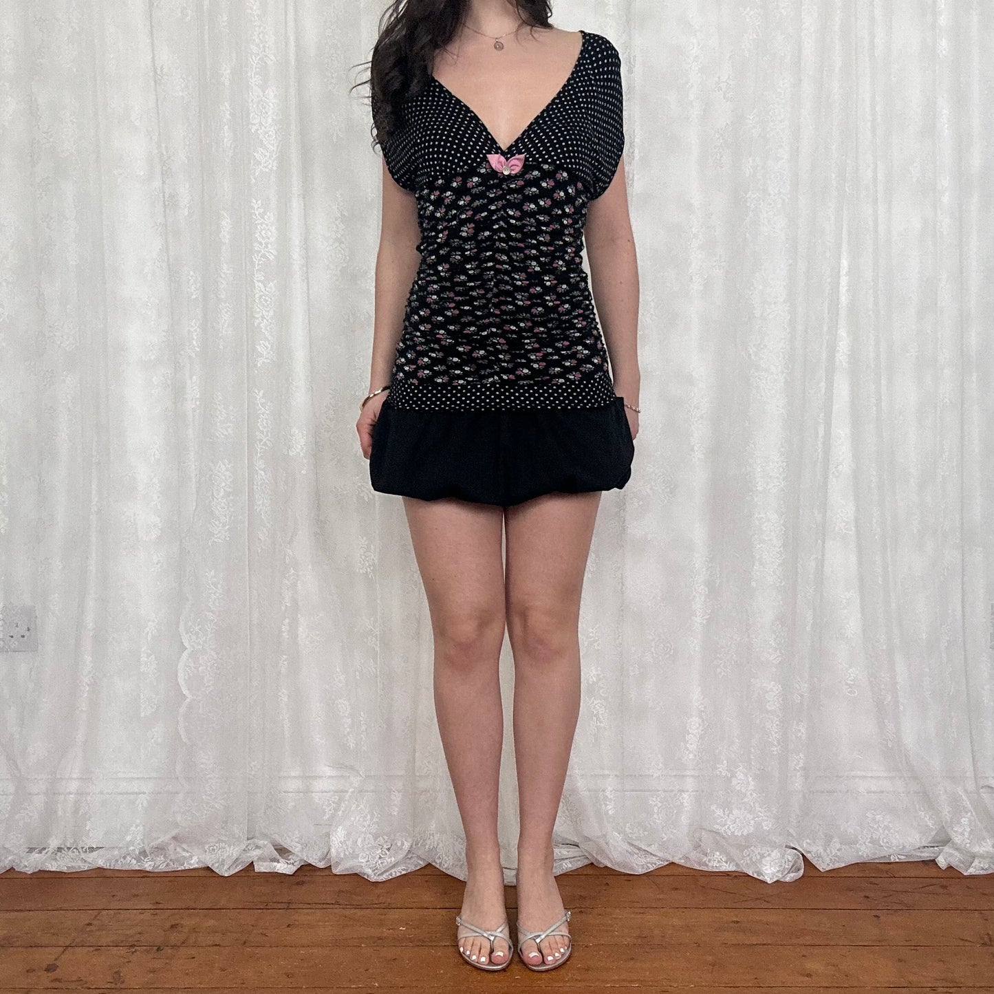 vintage 00s black ruched polka dot and floral top