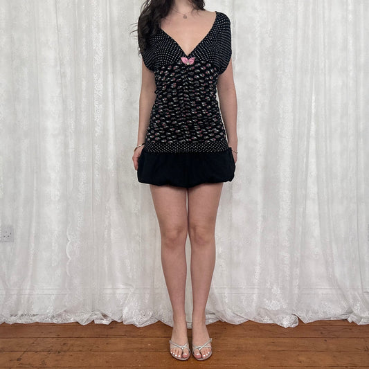 vintage 00s black ruched polka dot and floral top