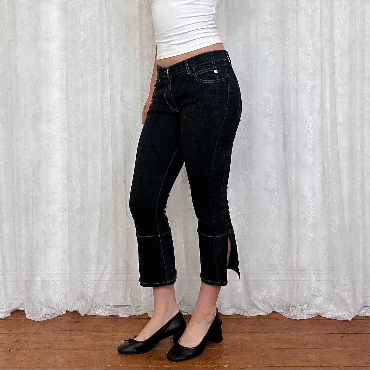 vintage 00s miss sixty dark wash kick flare denim capris