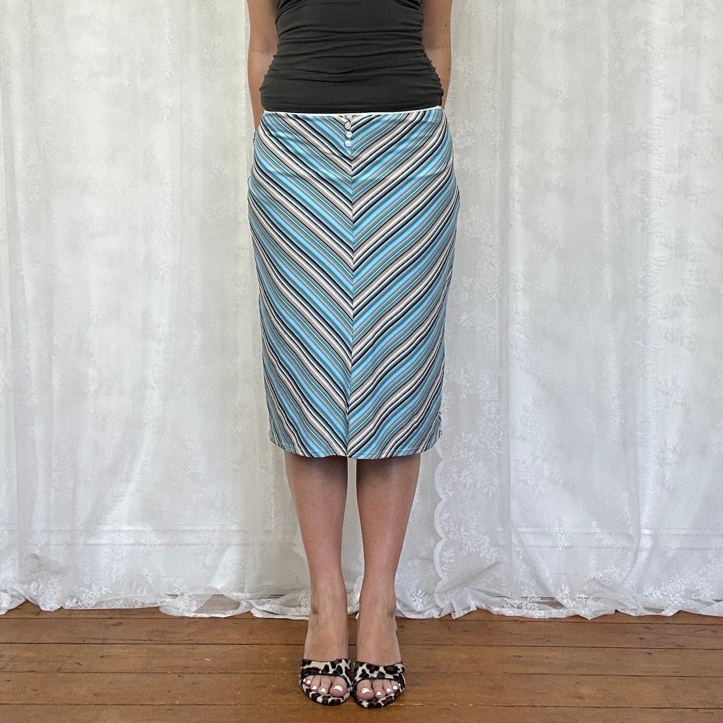 vintage 00s blue and brown striped midi skirt