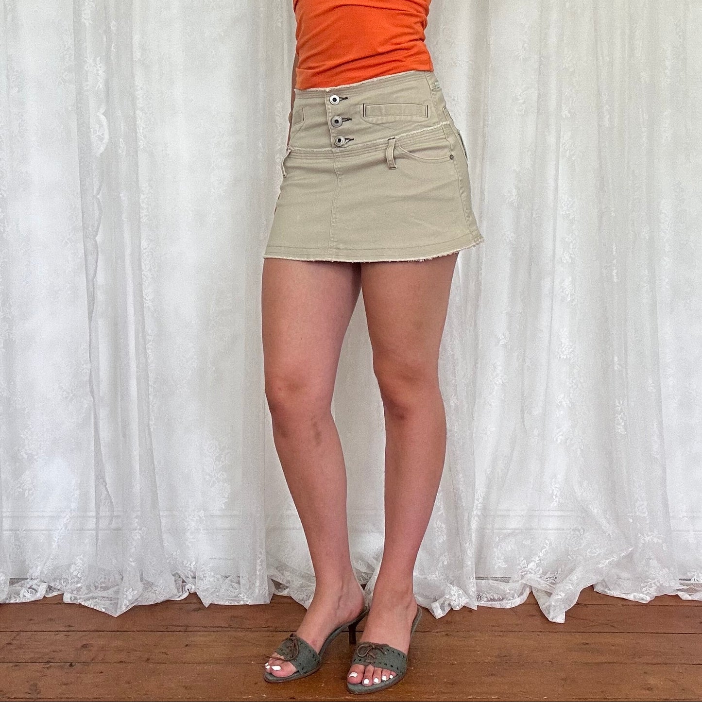 vintage 00s beige button down a line mini skirt