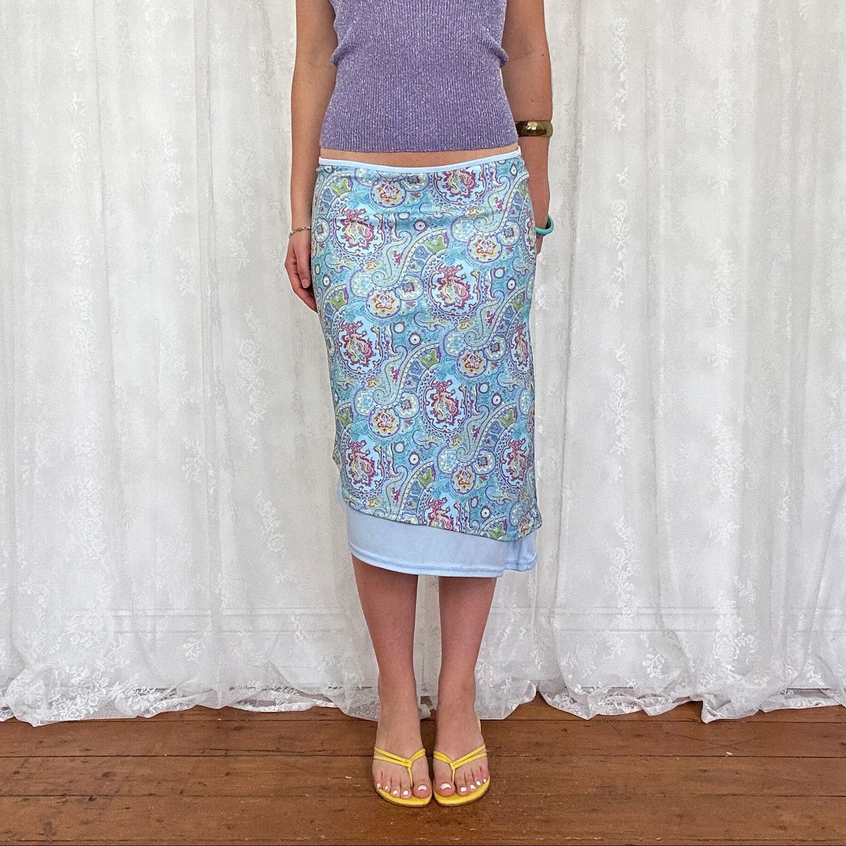 vintage 00s blue paisley asymmetrical midi skirt