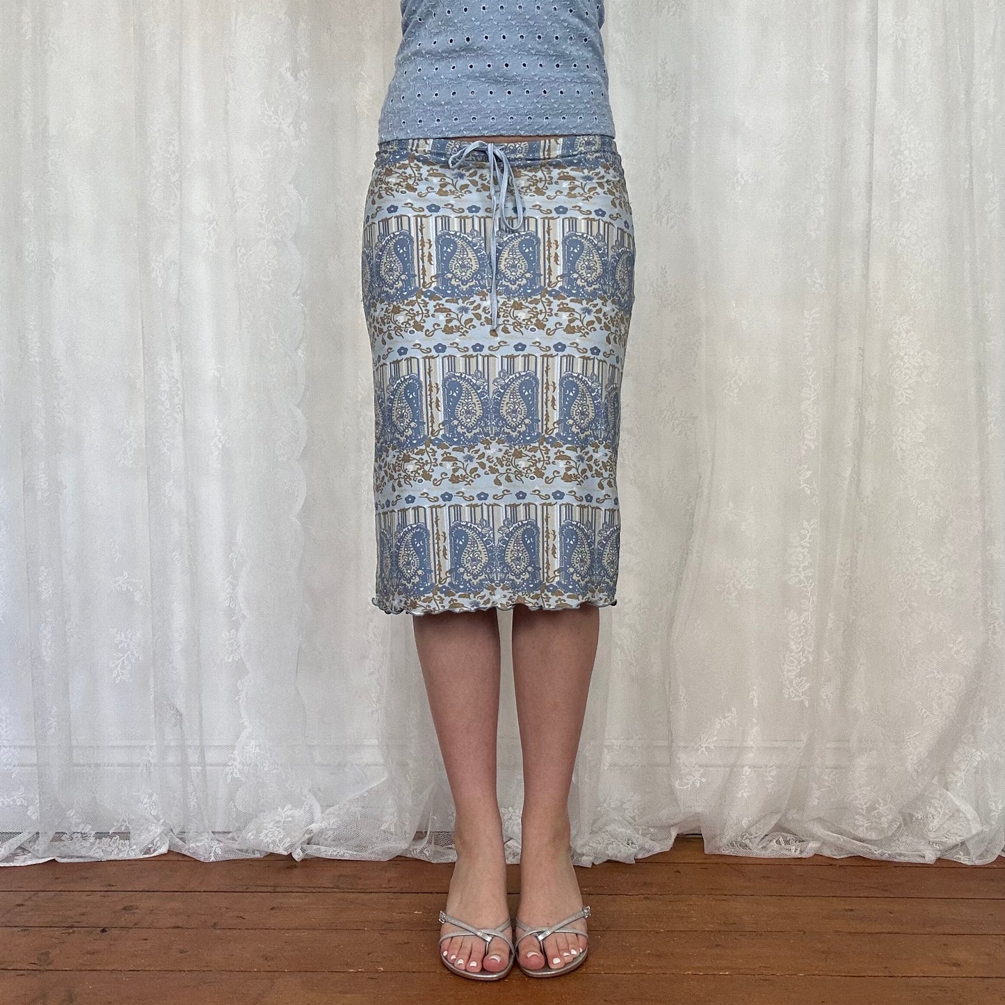 vintage 00s blue and brown paisley midi skirt