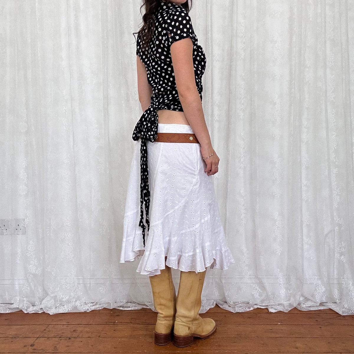 vintage 00s black polka dot silk wrap shirt