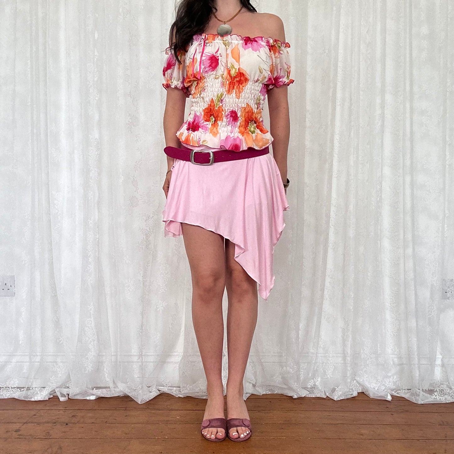vintage 00s floral shirred milkmaid top