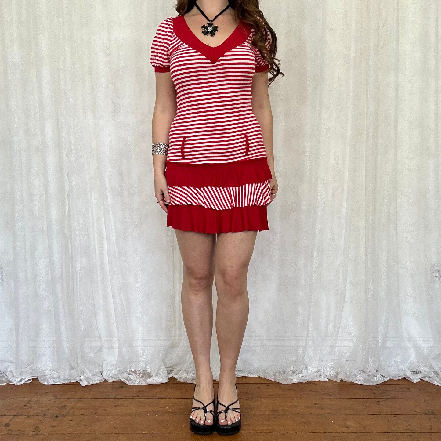 vintage 00s red and white striped rara mini dress