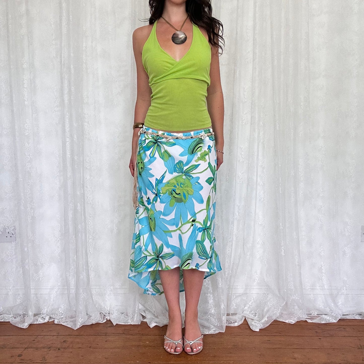 vintage 00s lime green mesh twist halter neck top