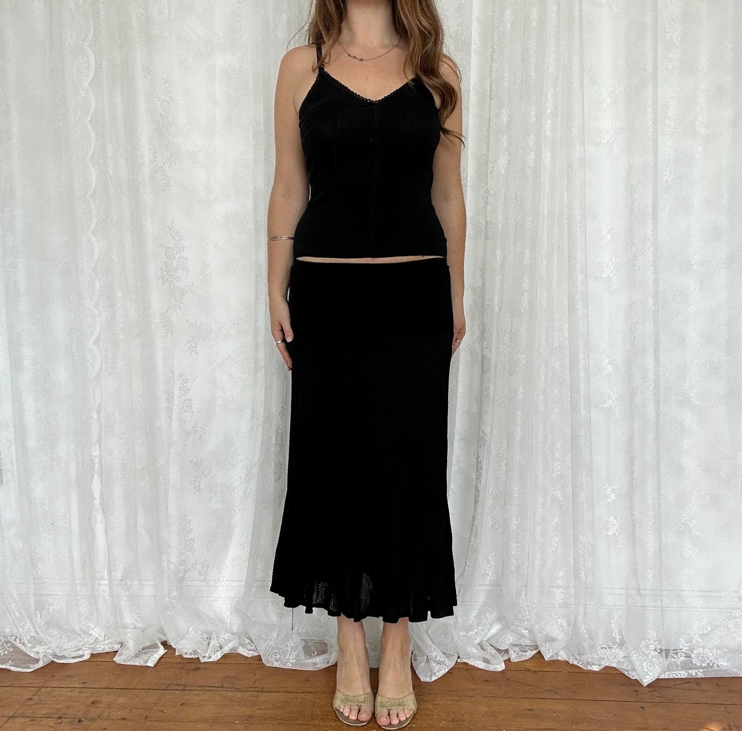 vintage 00s black picot trim cami