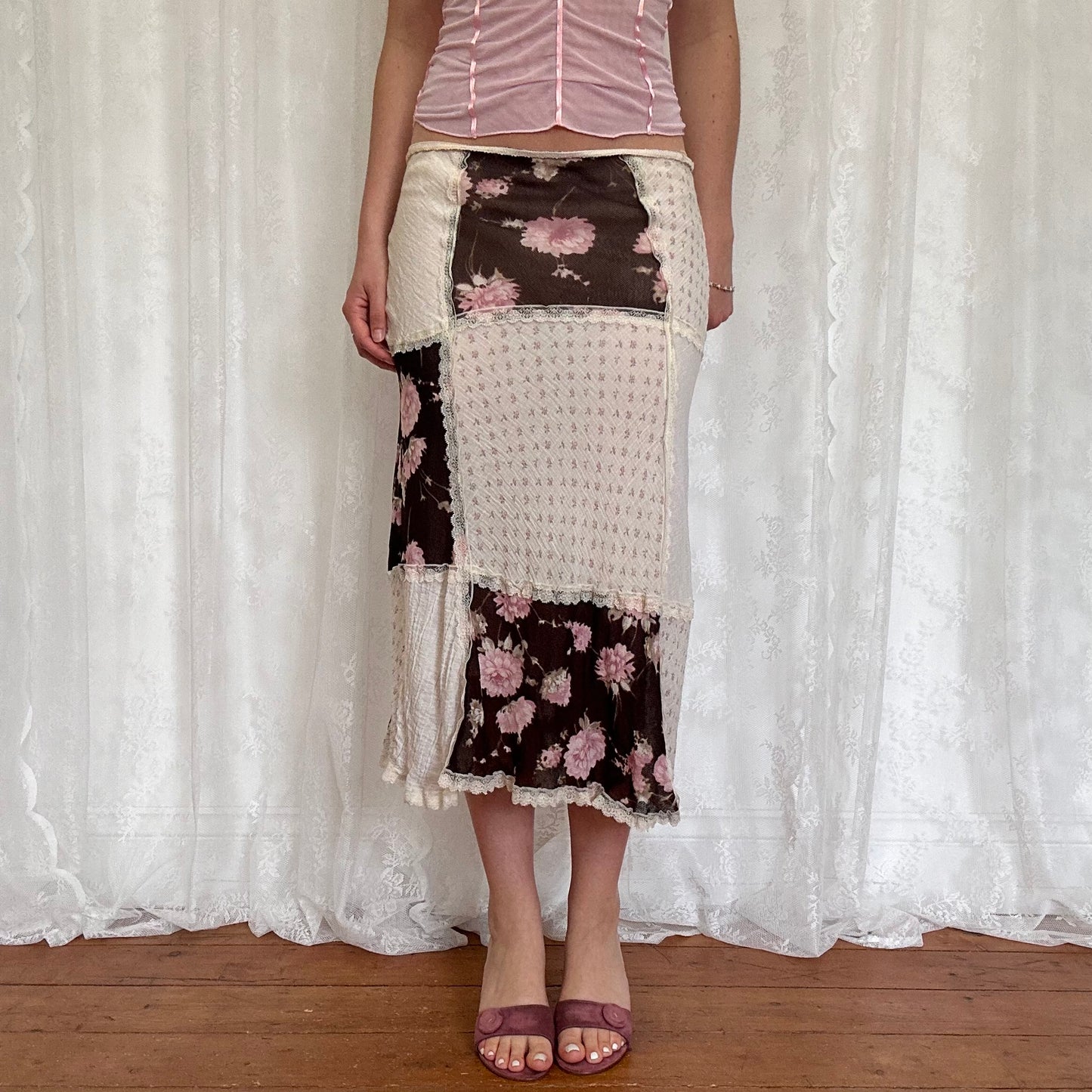 vintage 00s cream brown and pink floral patchwork midi skirt