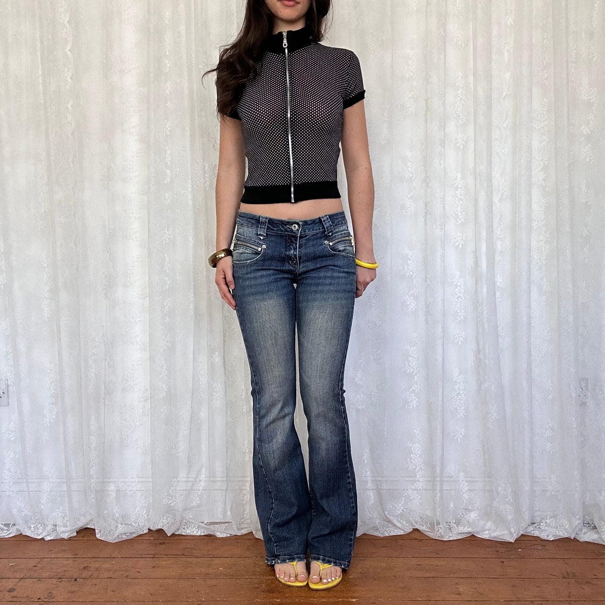 vintage 00s black polka dot zip up mesh top