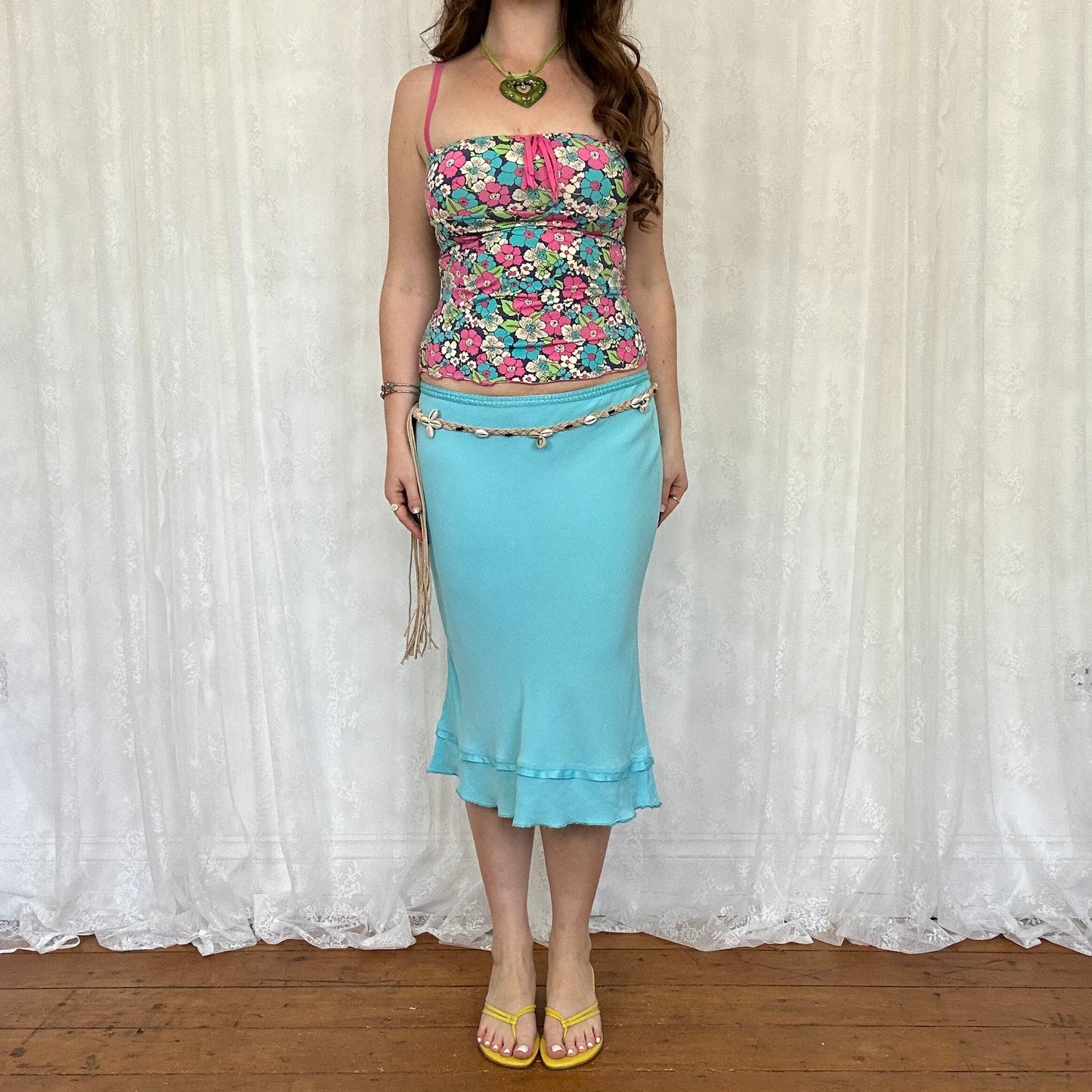 vintage 00s bright floral cami with pink lace trim