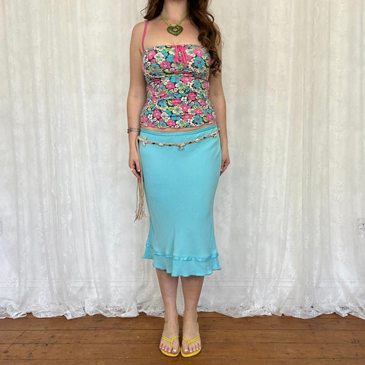 vintage 00s bright floral cami with pink lace trim