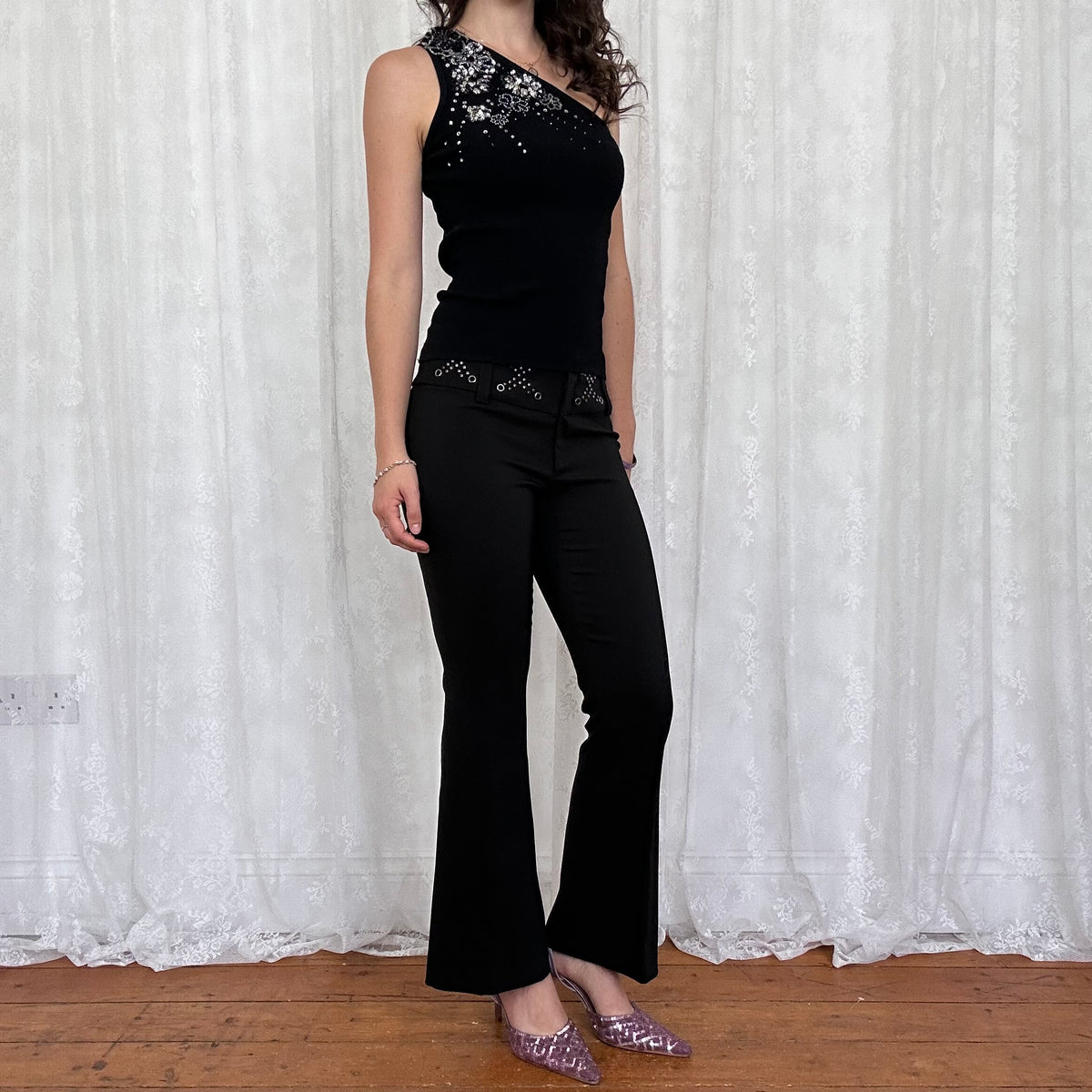 vintage 00s black beaded sequin detail one shoulder top