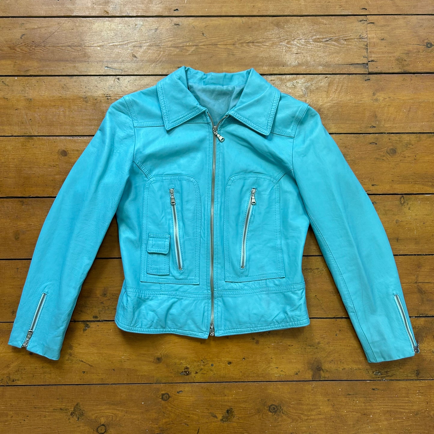 vintage 00s blue dual zip leather jacket