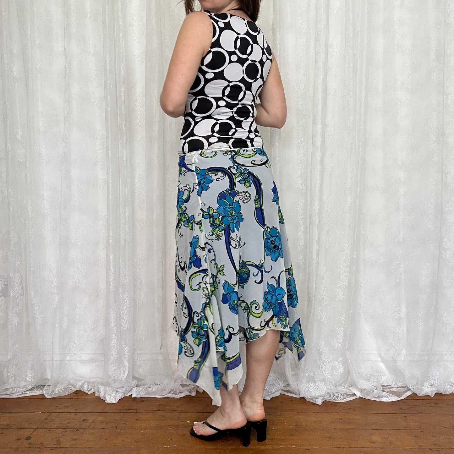 vintage 00s blue floral asymmetrical midi skirt