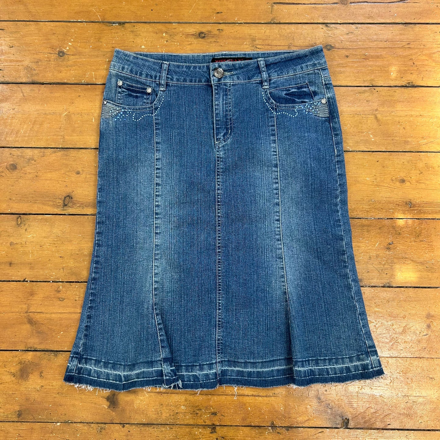 vintage 00s rhinestone detail denim midi skirt