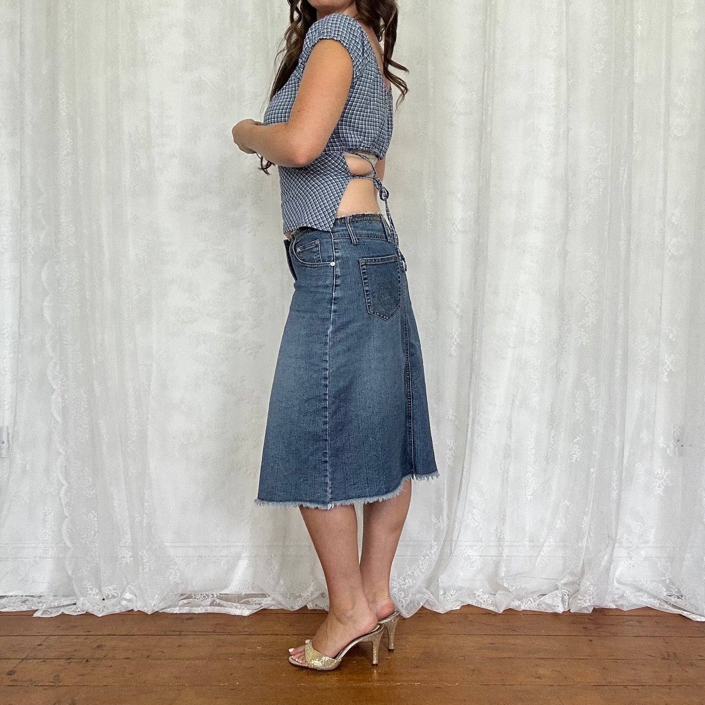 vintage 00s pimkie blue checkered tie back milkmaid top