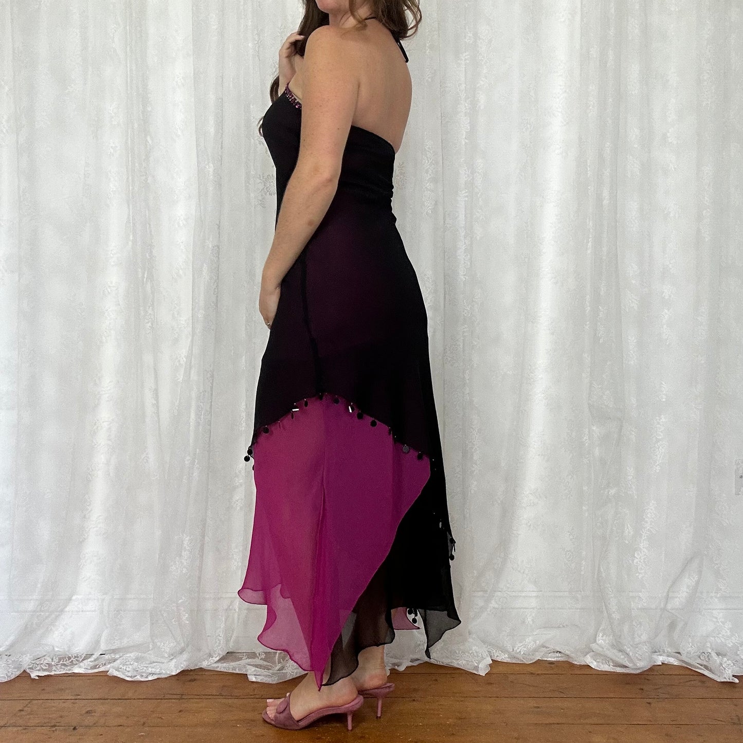 vintage 00s rene derhy pink and black sequin mesh midi dress