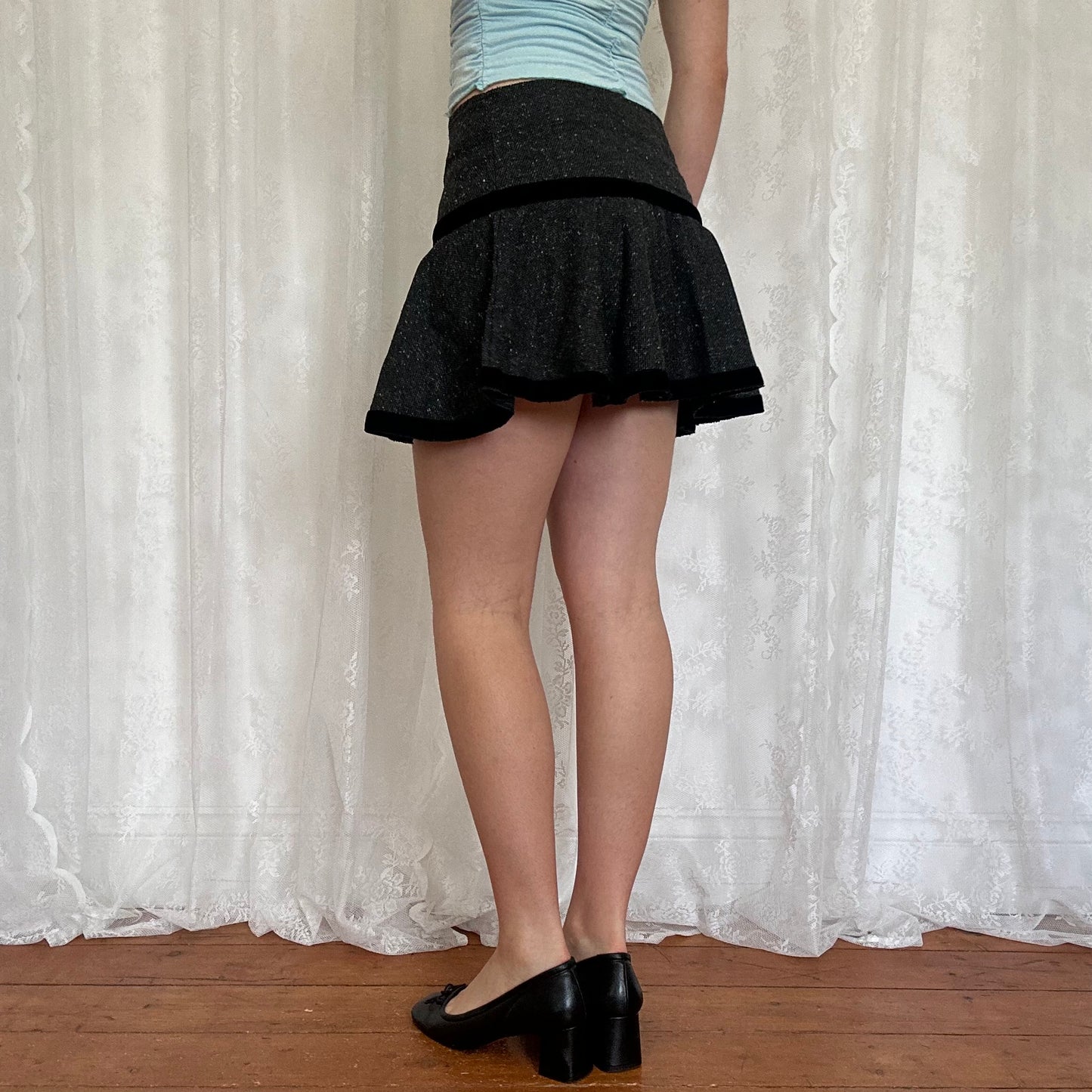 vintage 00s grey tweed office siren mini skirt