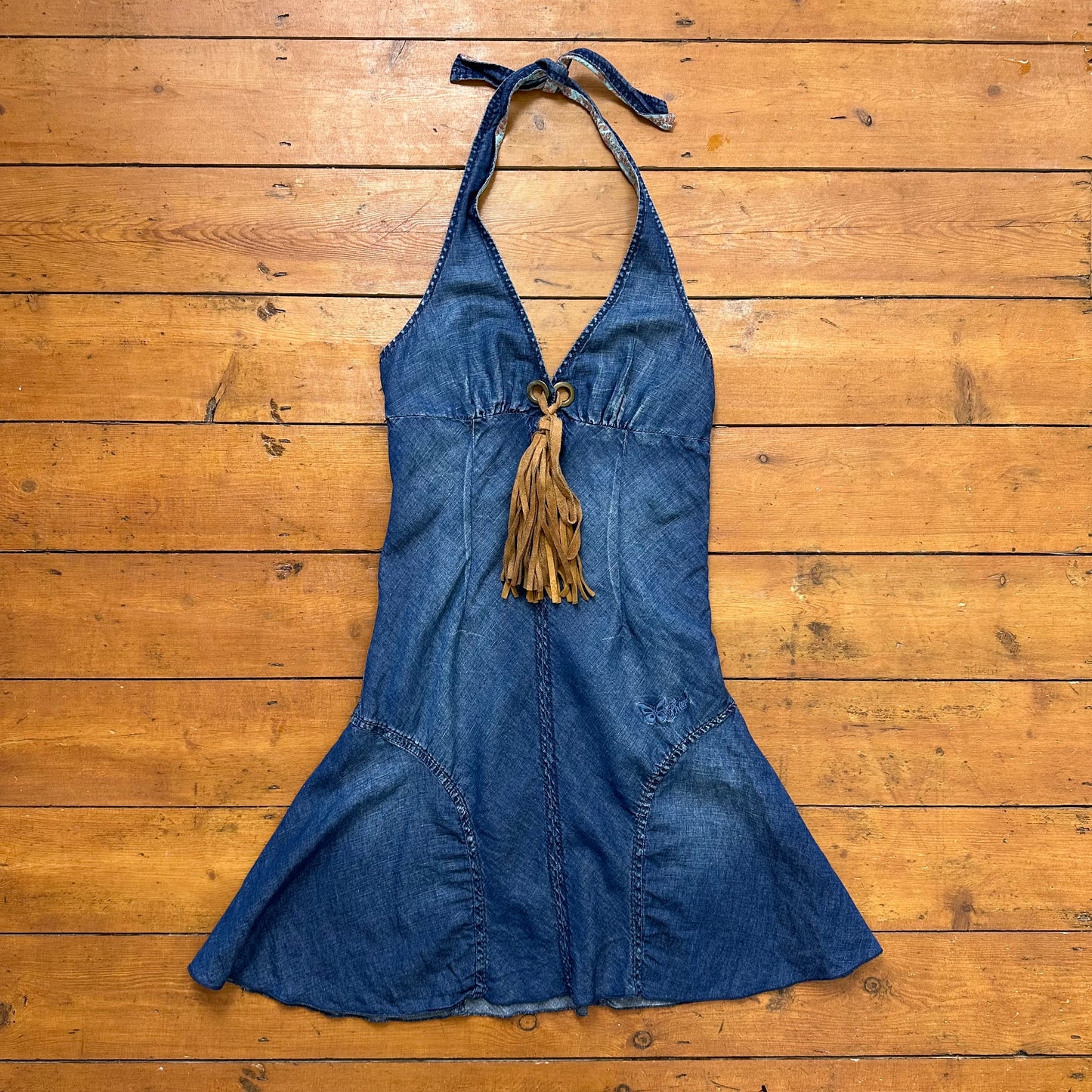 vintage 00s denim halter dress with tassle detail