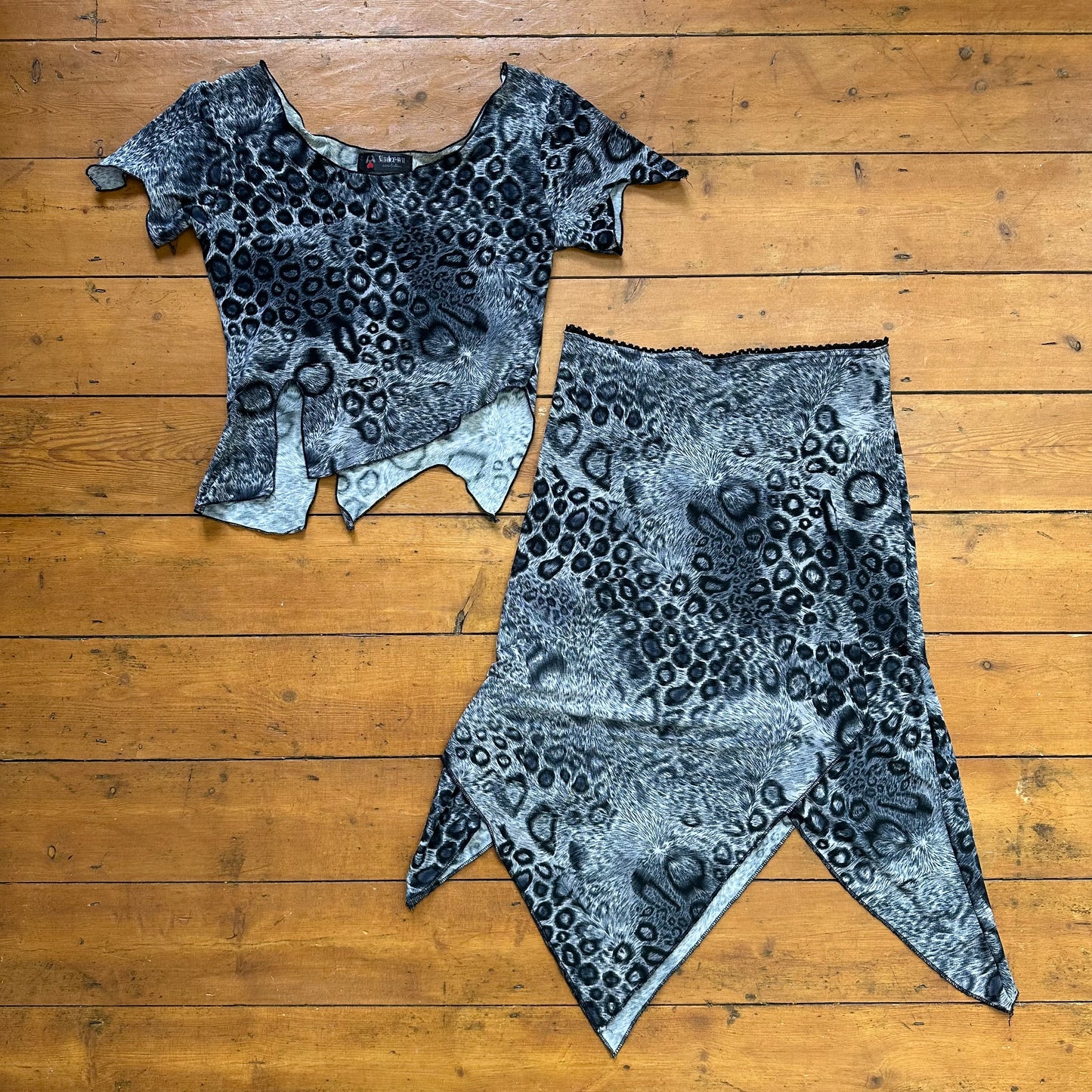 vintage 00s grey animal print asymmetrical top and skirt co ord