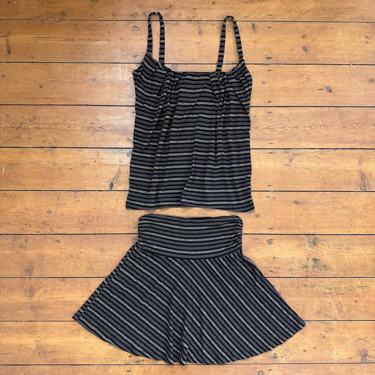 vintage 00s brown striped cami and skirt co ord