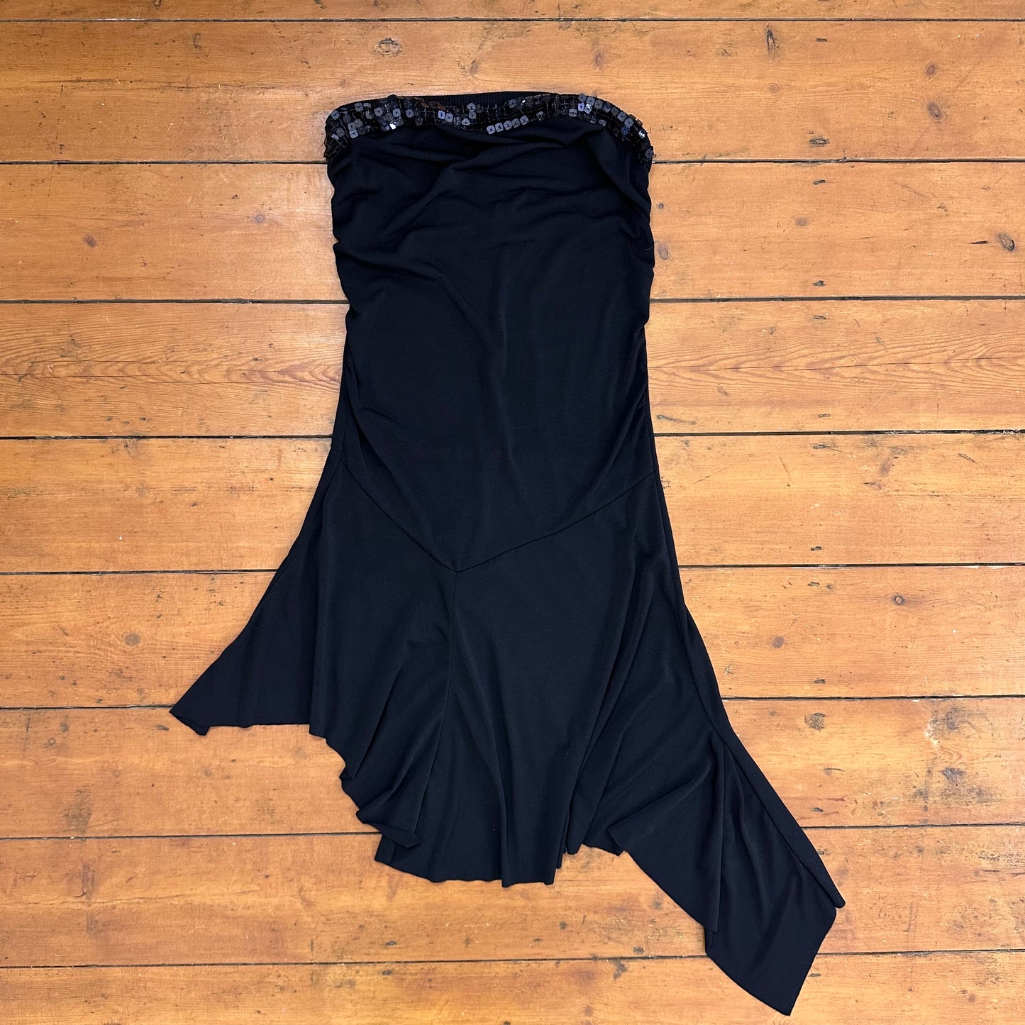 vintage 00s black strapless sequin fairy hem mini dress
