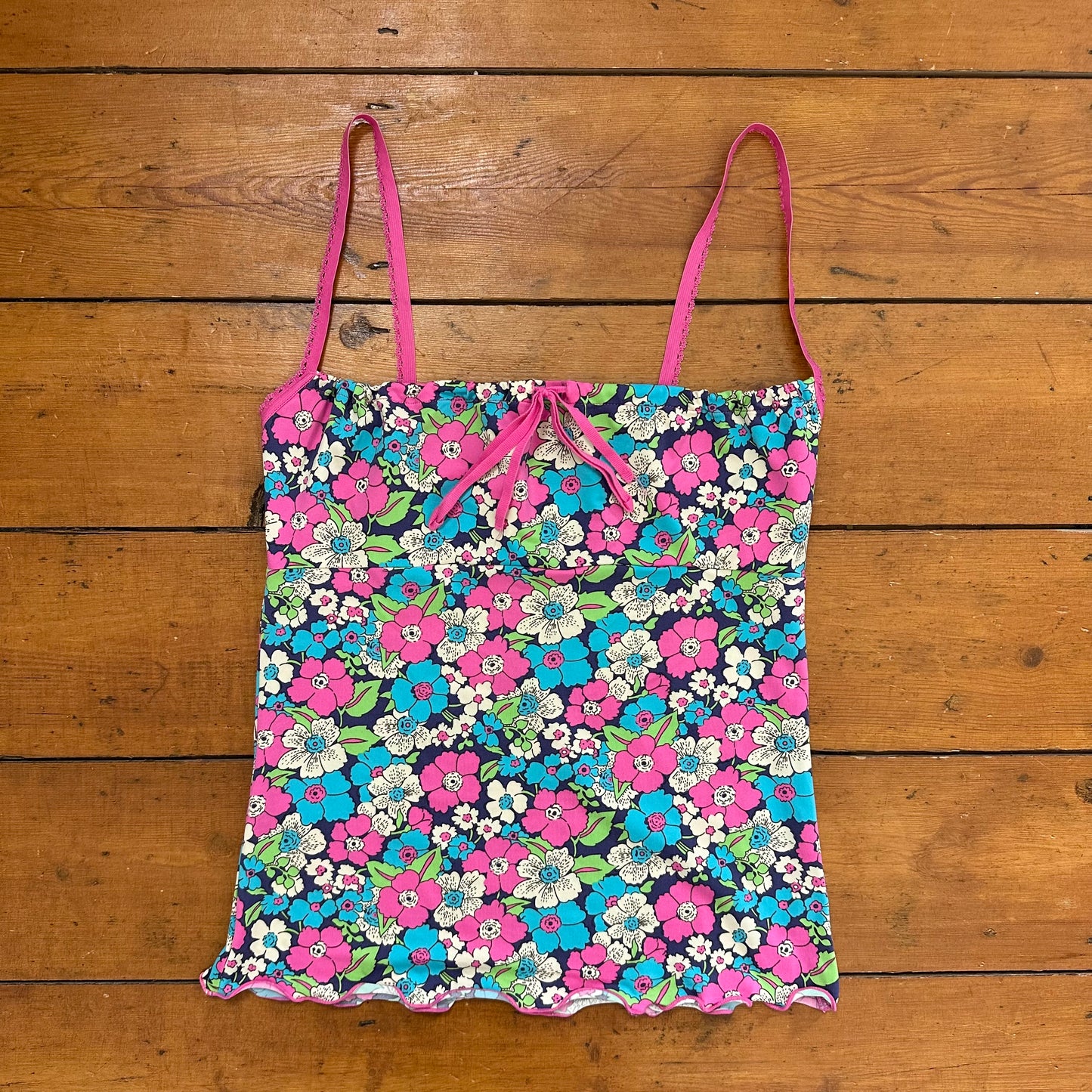vintage 00s bright floral cami with pink lace trim