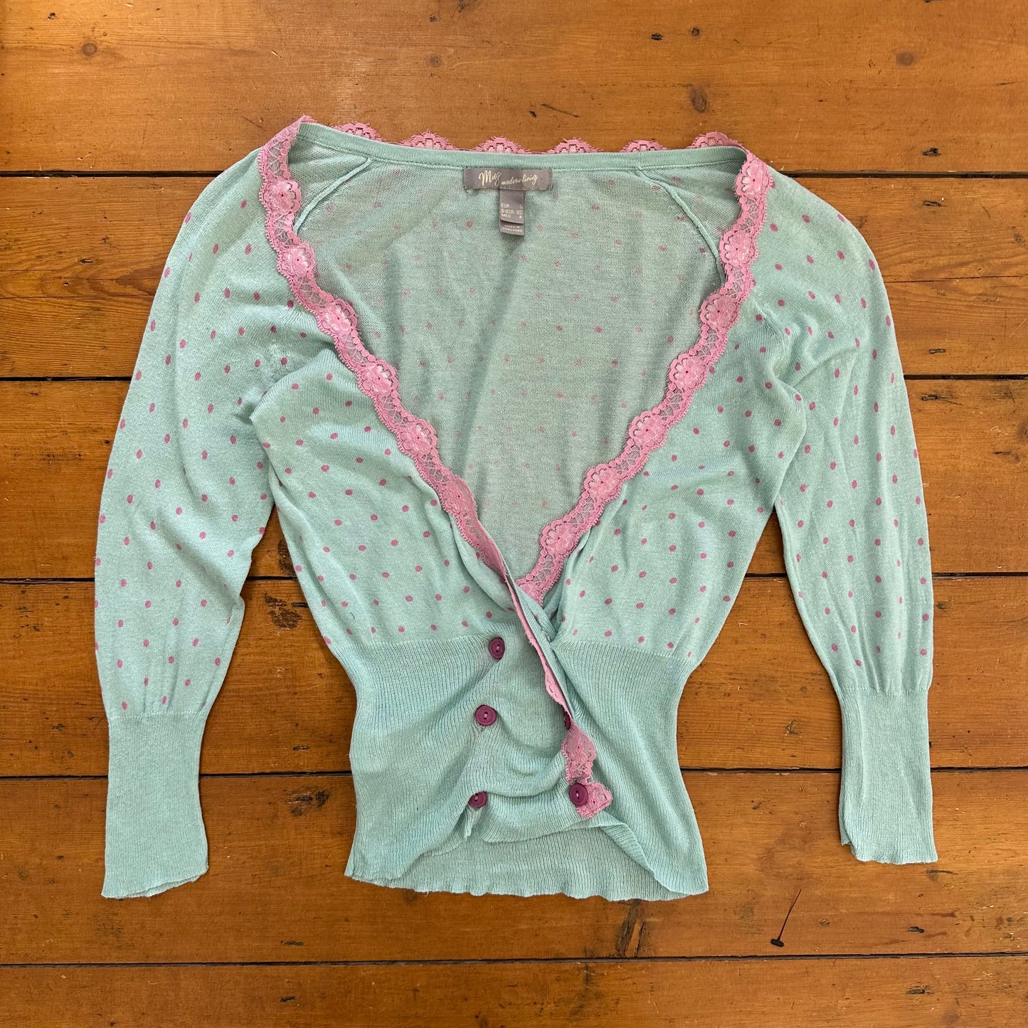 vintage 00s mint green and pink polka dot cardigan