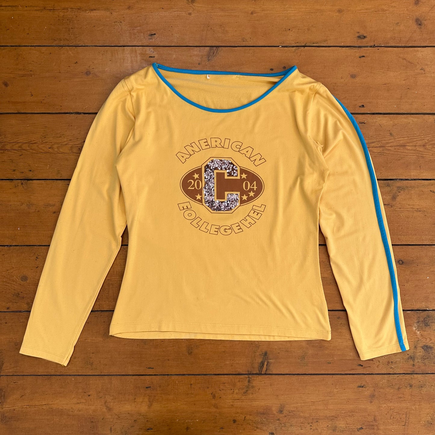 vintage 00s mustard yellow sequin varsity graphic top
