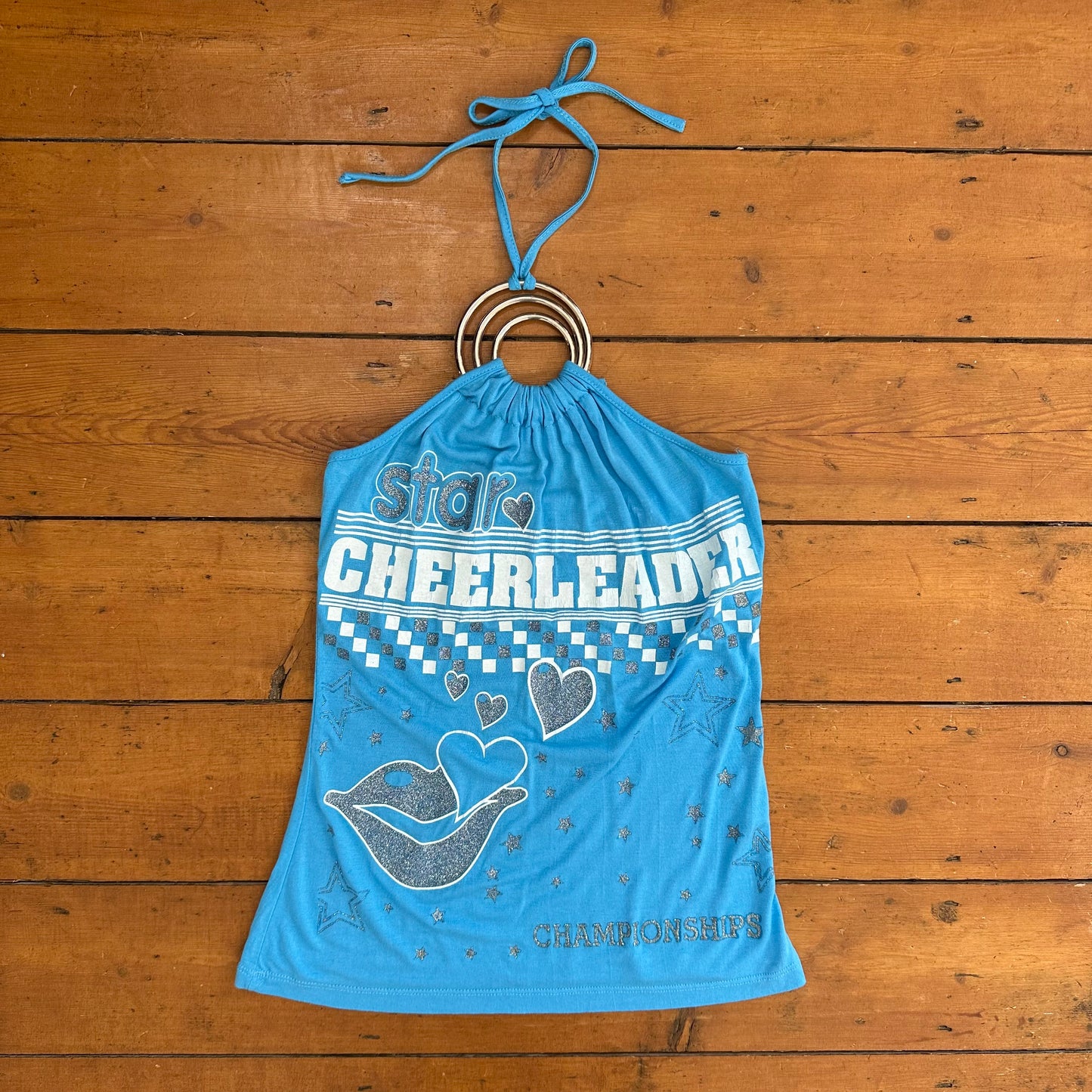 vintage 00s blue cheerleader graphic o ring halterneck